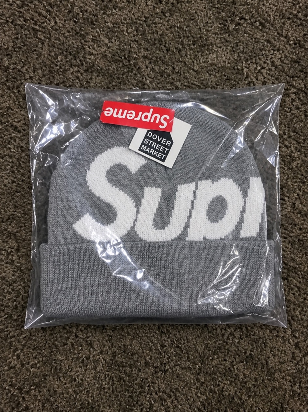 Supreme Grey and White Knit Logo Beanie